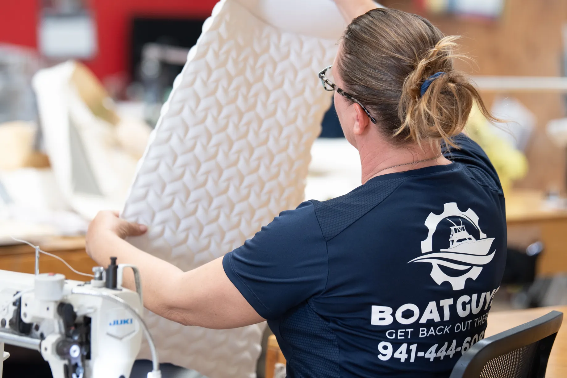 Sewing a fresh textured white boat cushion