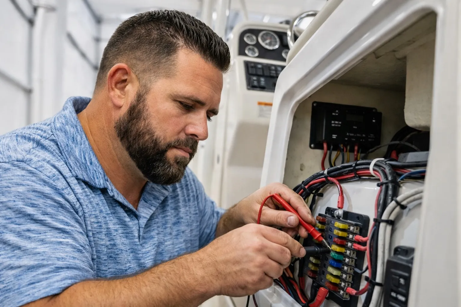 Boat Guys technician testing a boat electrical panel and fuse block with a multimeter