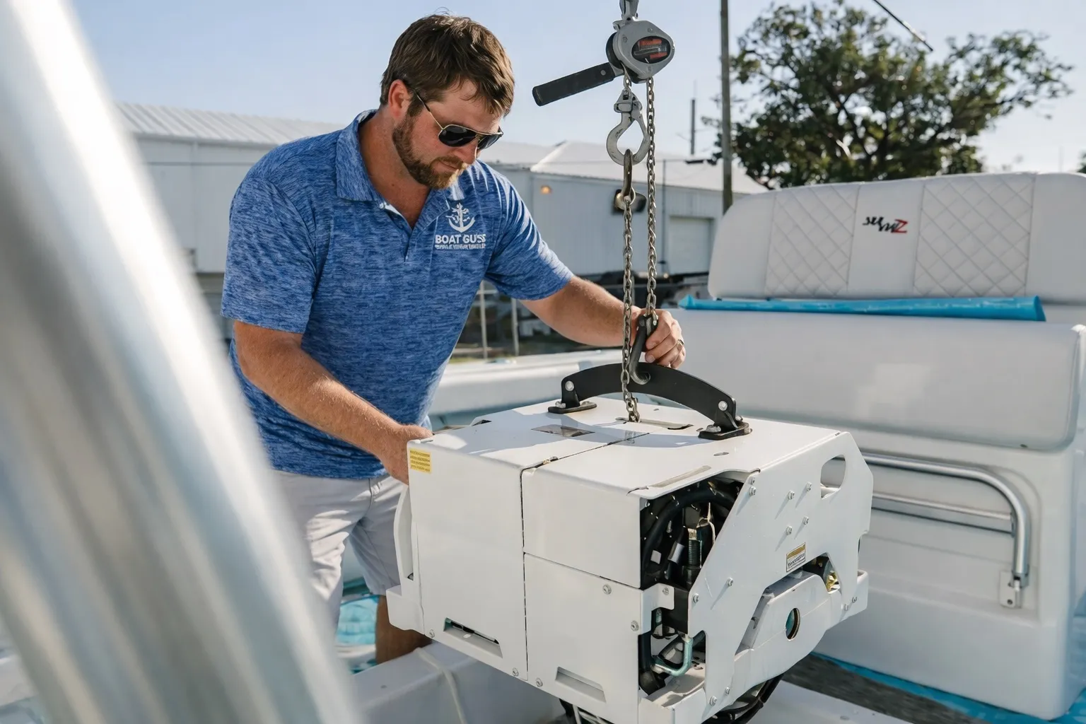 Boat Guys technician hoisting a Seakeeper unit into place with a chain lift