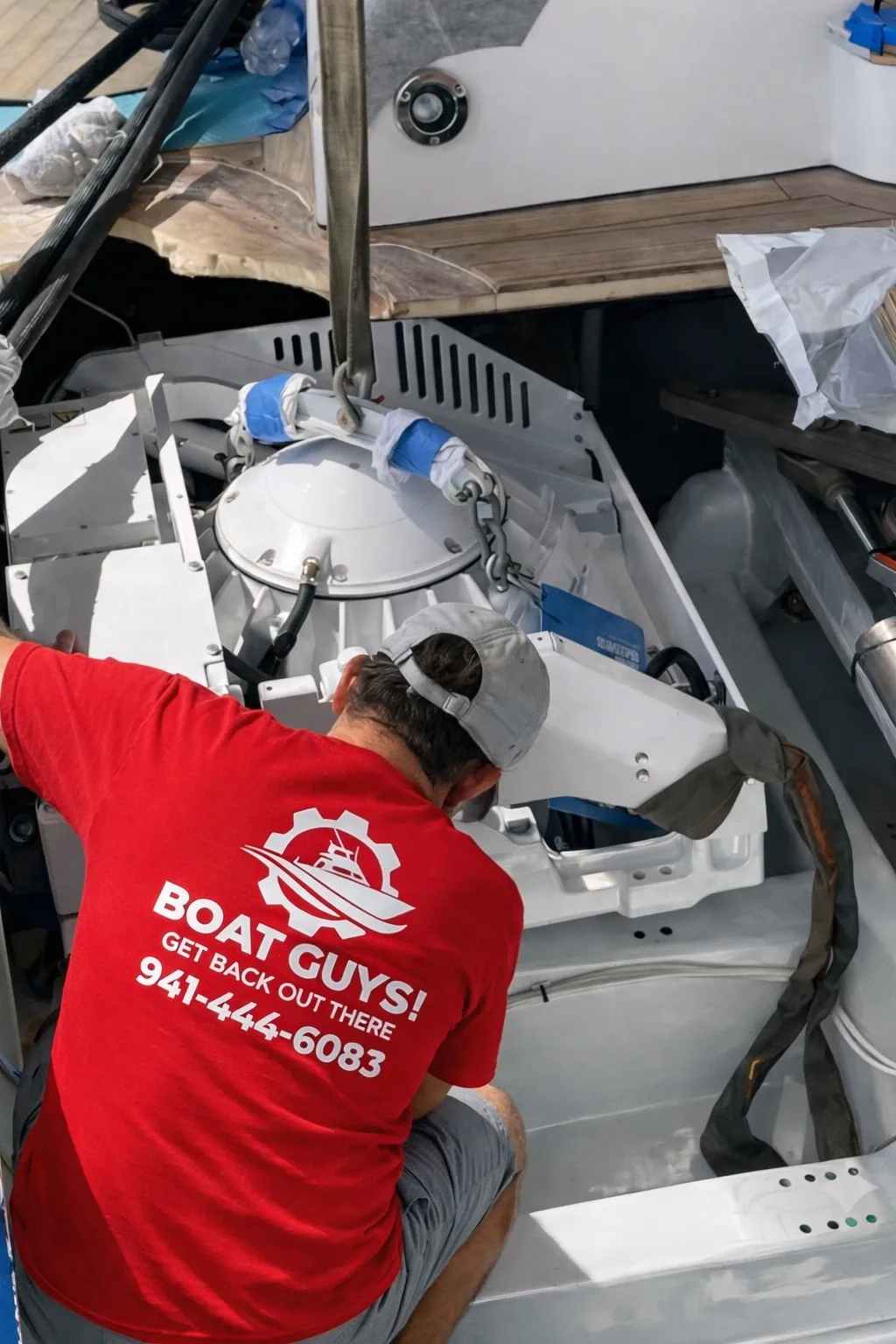 Boat Guys technician installing a Seakeeper stabilizer in a boat at the dock