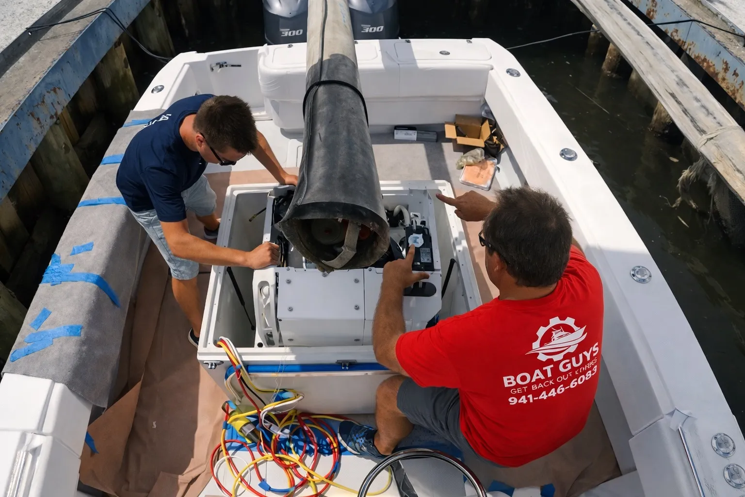 Two Boat Guys technicians fitting a Seakeeper into a center-console boat