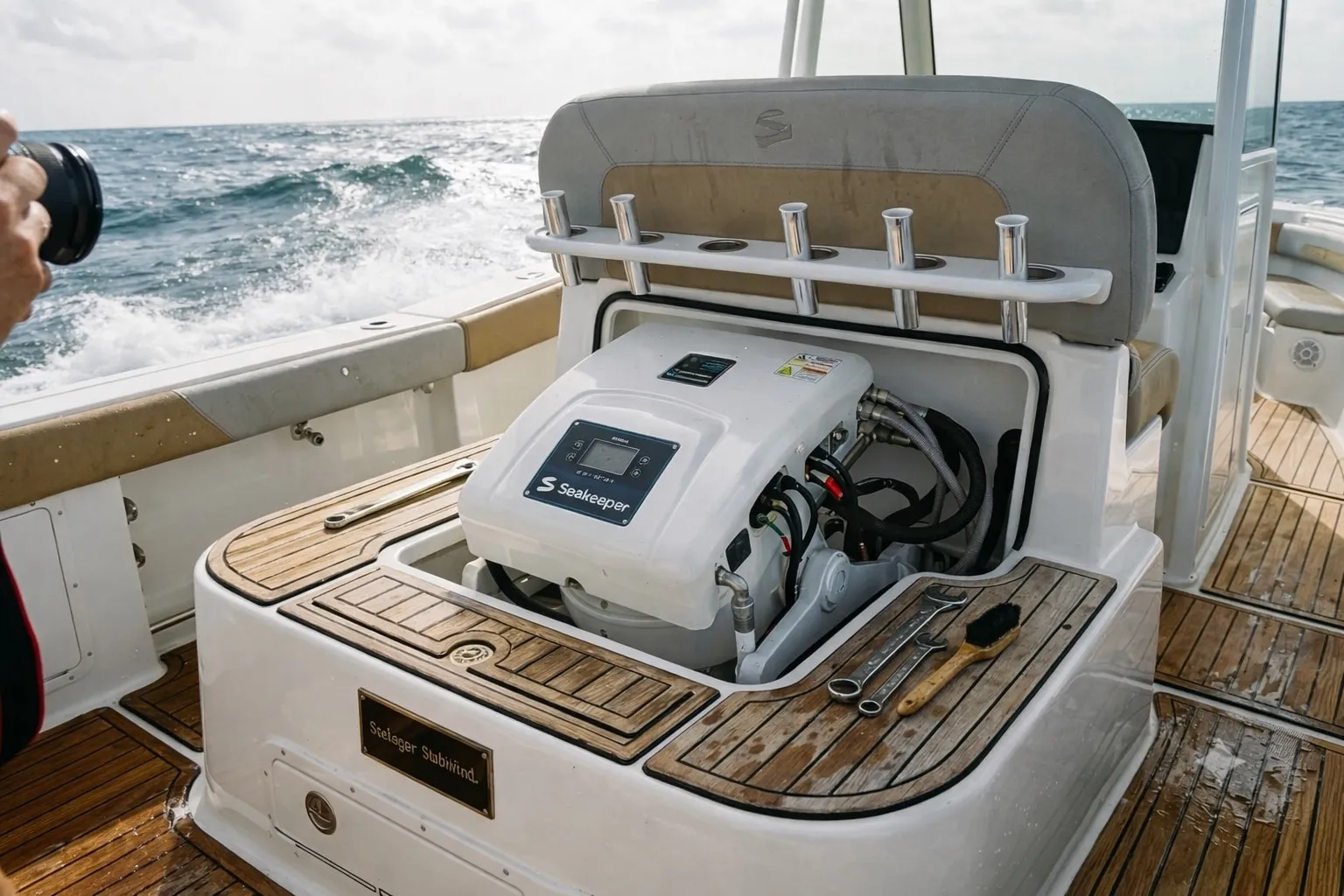 Seakeeper stabilizer unit mounted in a boat console with the ocean behind